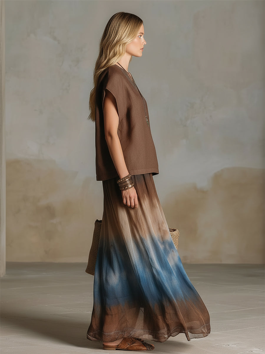 Retro Ethnic Bohemian Brown Cotton-Linen T-Shirt & Gradient-Print Chiffon Midi Skirt Set