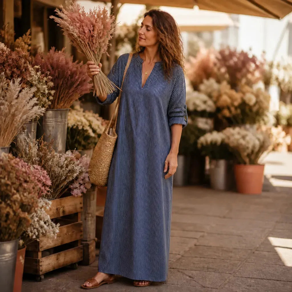 Vestara – Boho Striped V-Neck Maxi Dress with Pockets, Long Sleeves