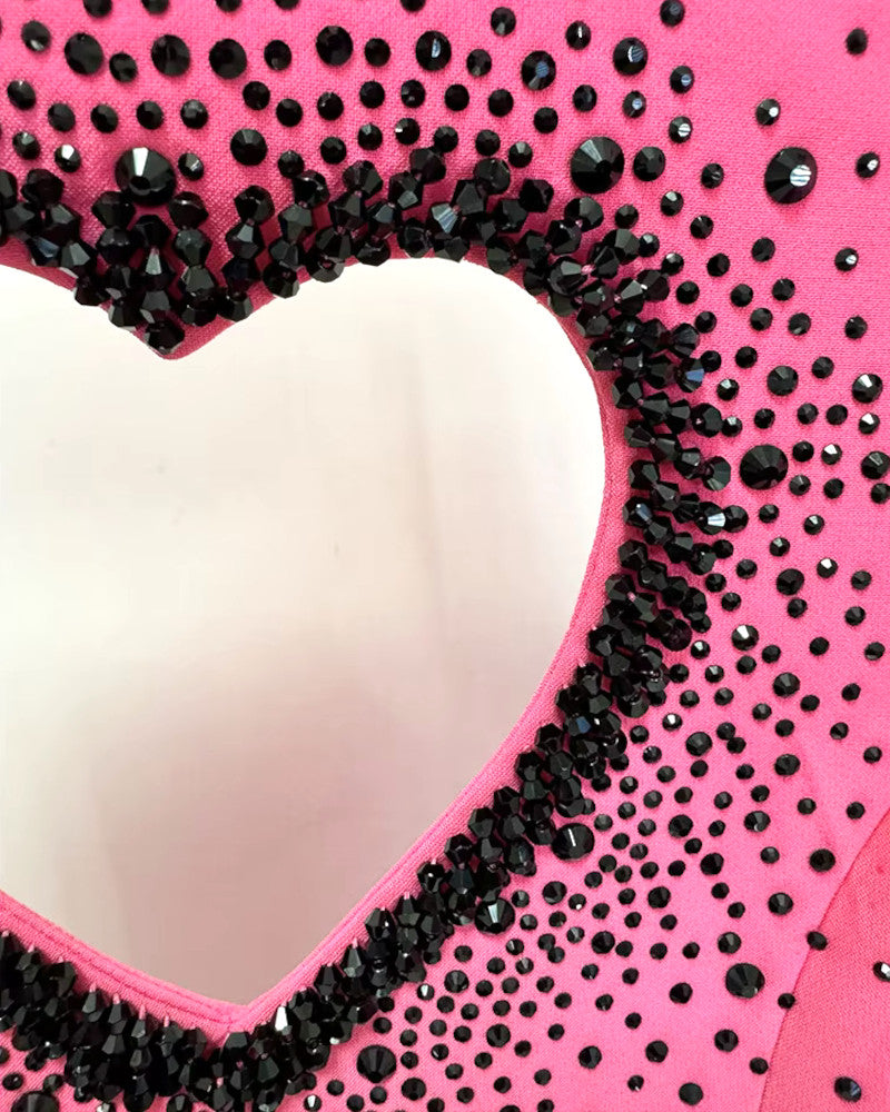Long Sleeve Embellished Heart Cut Out Maxi Dress Hot Pink