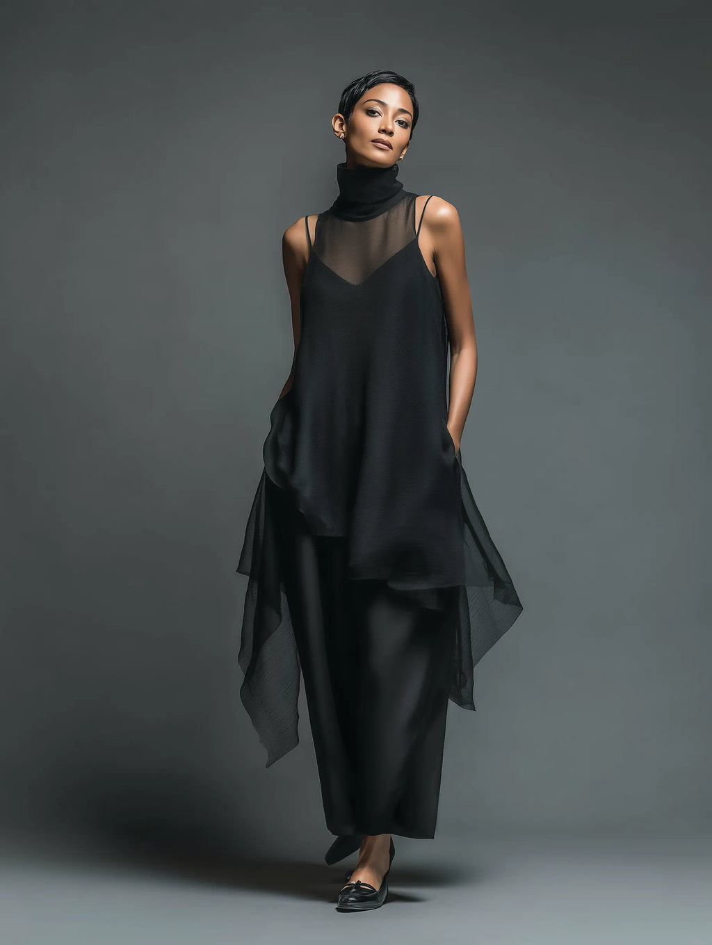 Women's Minimalist Imitation Acetate Slip Dress Paired With A Chiffon Overlay Maxi Dress MDZ2702A3Y