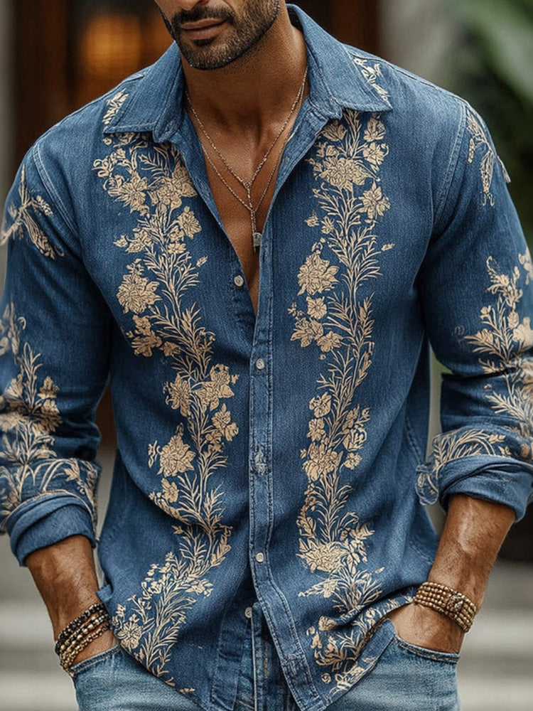 Men's Vintage Japanese Floral Pattern Art Casual Linen Shirt