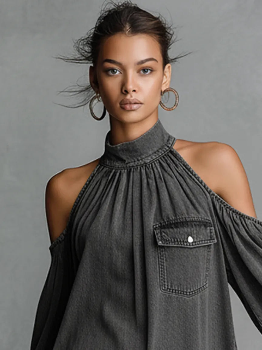 Women's Minimalist Washed Denim Off-the-shoulder Mini Dress MDA1791L3Y