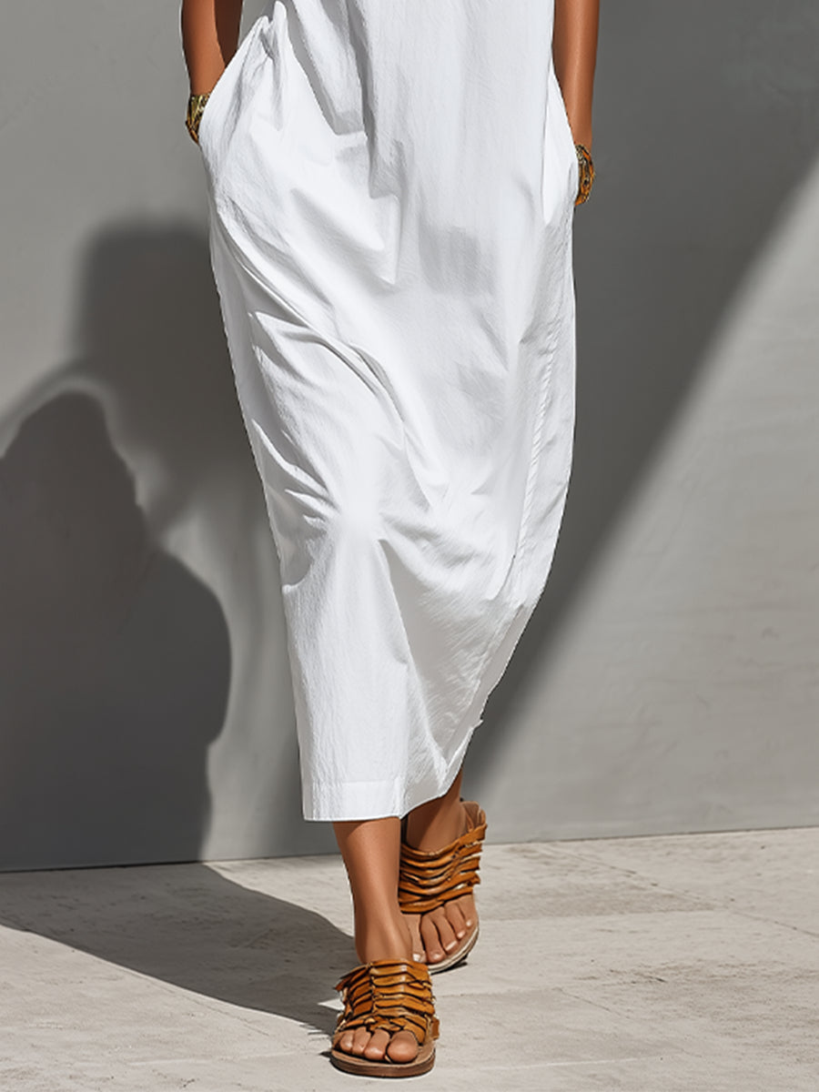 Women's White 100% Cotton Maxi Shirt Dress With Half-Zip Collar & Rolled Sleeves, Timeless Casual Everyday Dress MDZ0779E4LYL