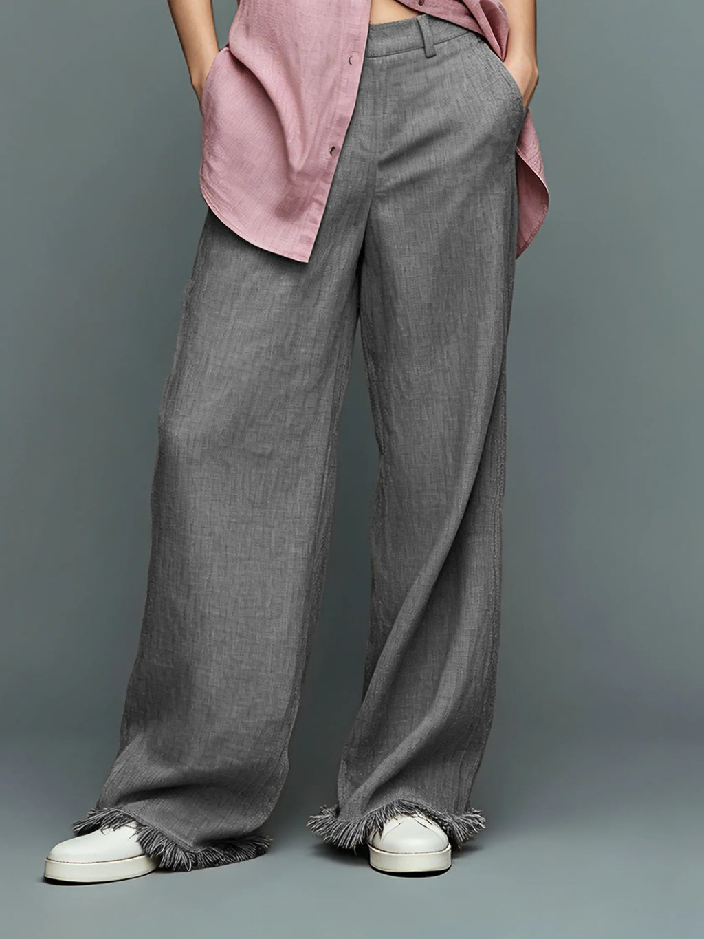 Women's Minimalist Linen-Blend Sleeveless Shirt And Straight-Leg Trousers Set With Fringed Hem MDZ3077F2WY