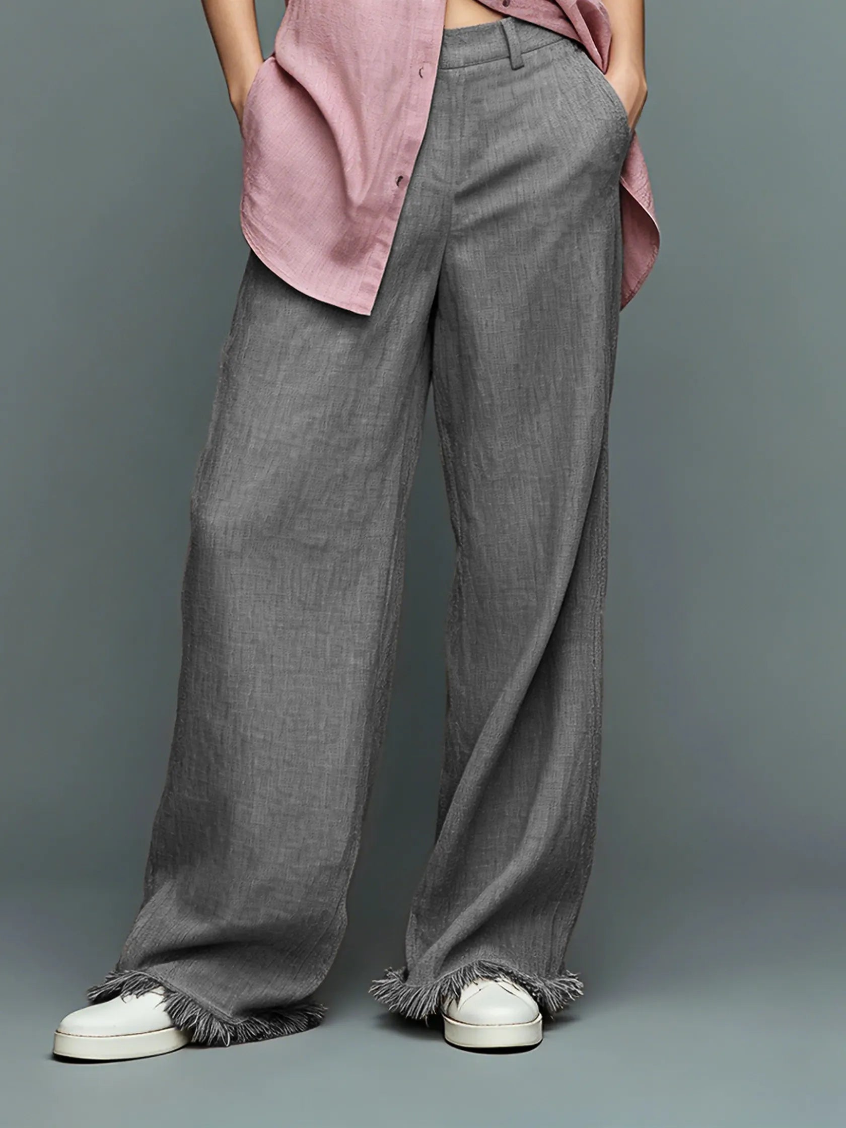Women's Minimalist Linen-Blend Sleeveless Shirt And Straight-Leg Trousers Set With Fringed Hem MDZ3077F2WY