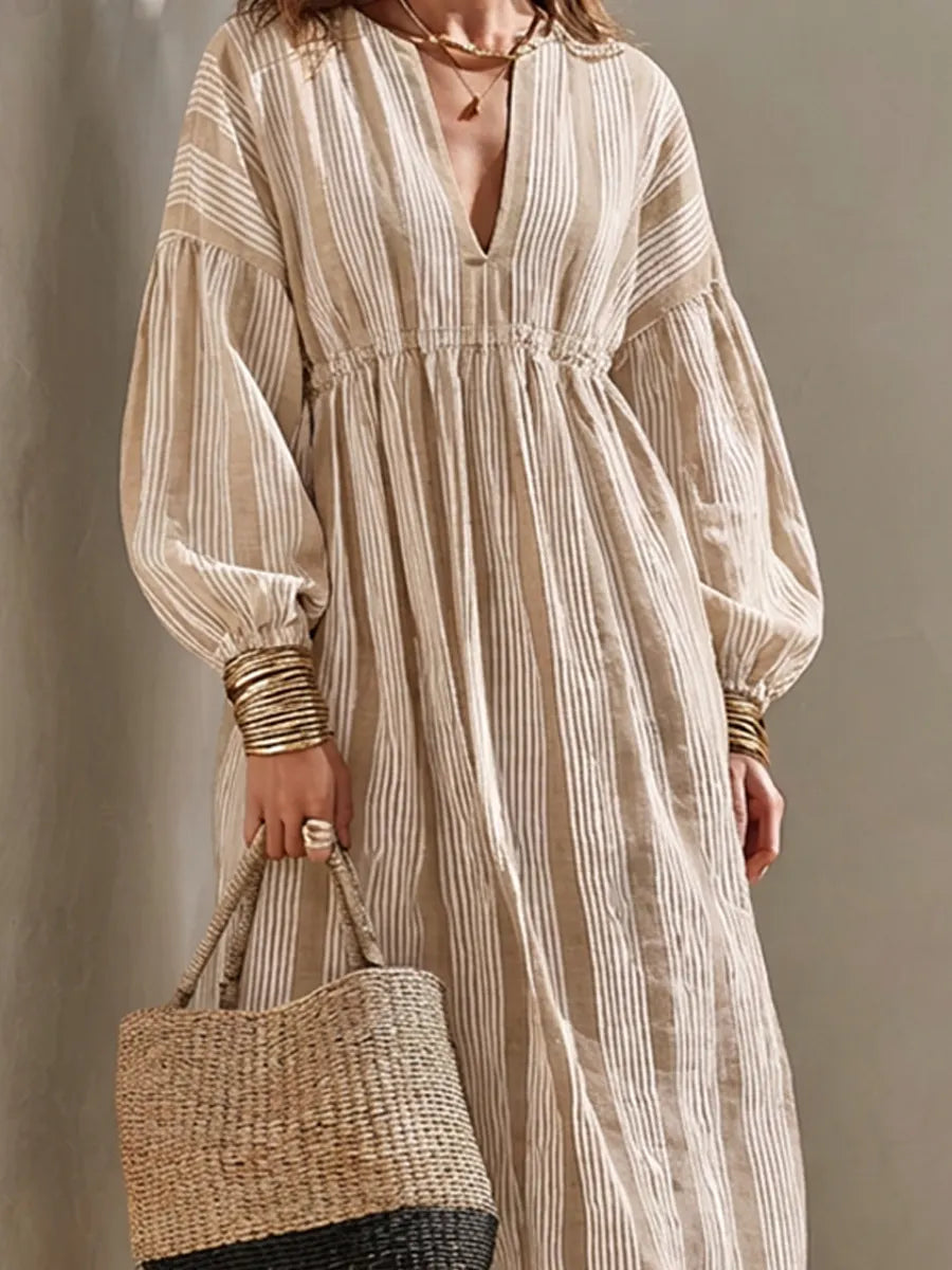 Women's Minimalist Off-White Vertical-Stripe Linen Maxi Dress MDZ0321G1ZRK