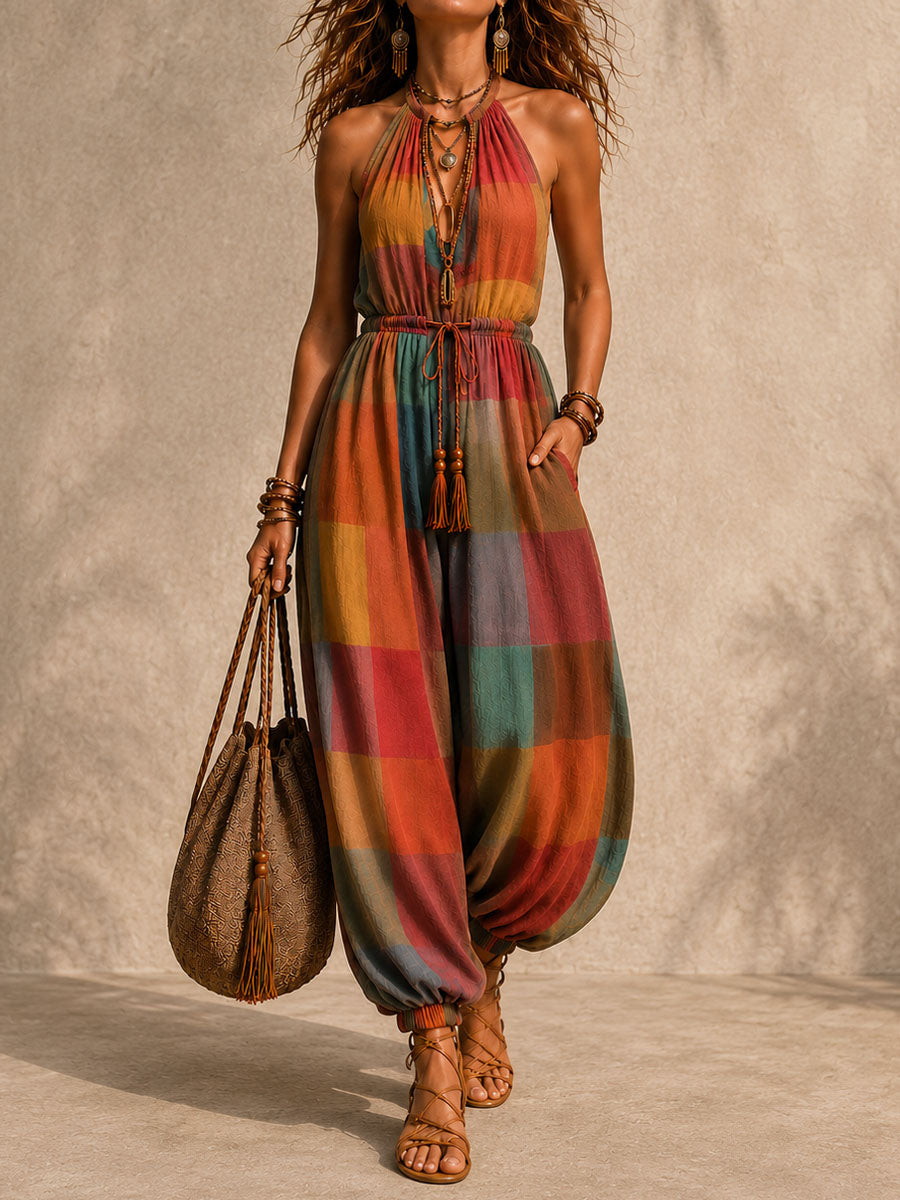 Bohemian Color-Block Print Halter Patchwork Jumpsuit
