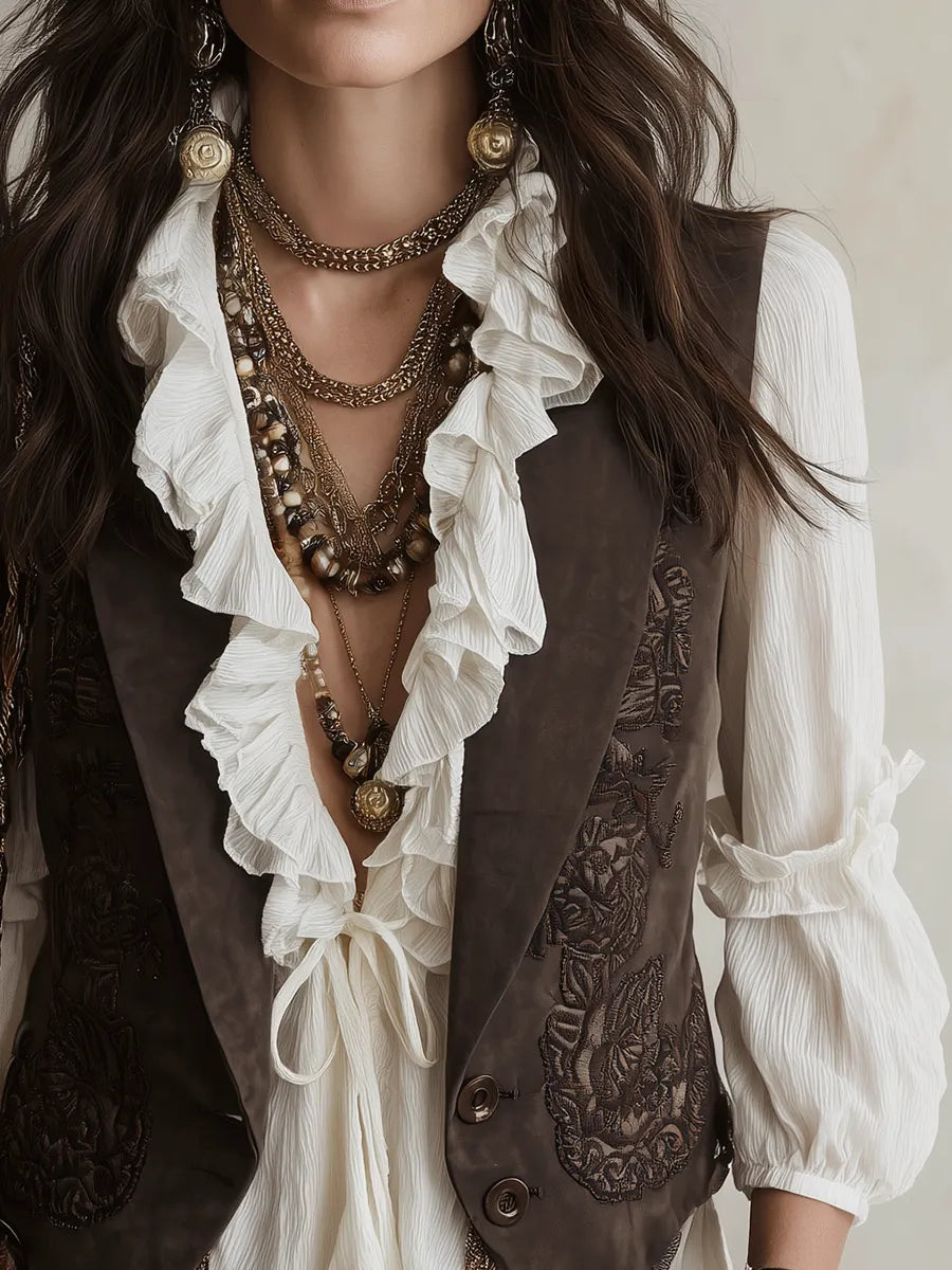Western Boho Suede Embossed Lace-Up Brown Vest