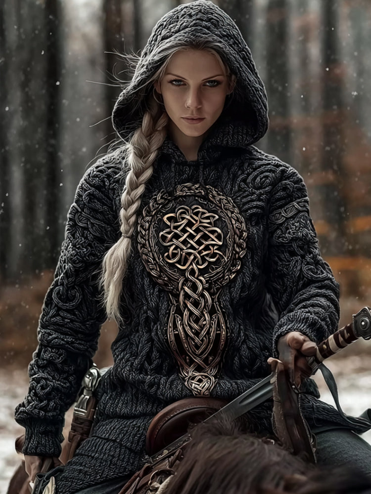 Viking Style Gold Celtic Knot Thick Needle Hooded Sweater