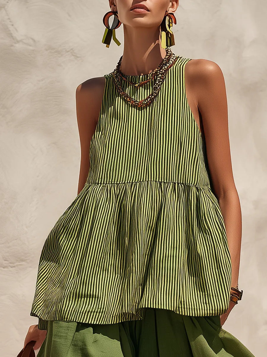 Retro-chic Striped Top And Color-blocked Wide-leg Pants