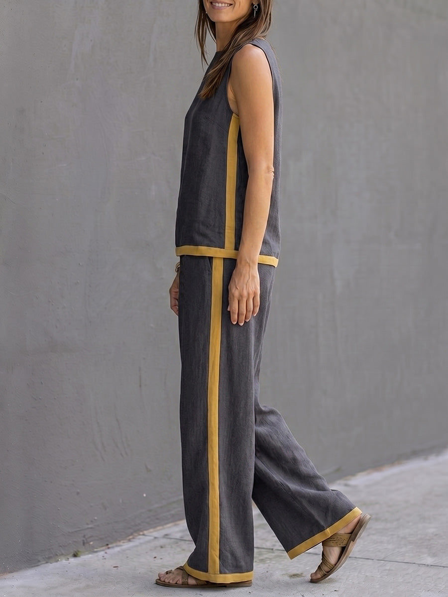 Contrast Color High Waisted Pants + Round-Neck Sleeveless Top Two Pieces Set