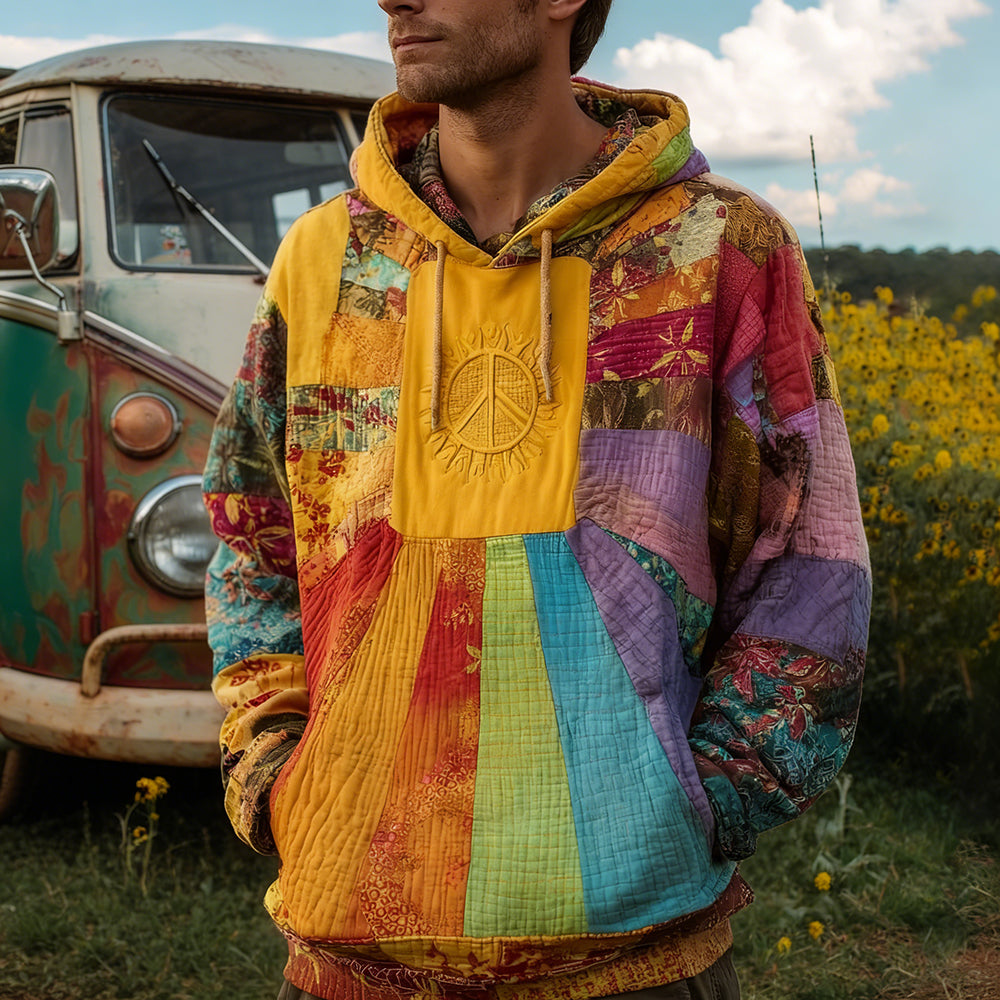 Men's Retro Hippie Peace Sign Patchwork Comfy Hoodie