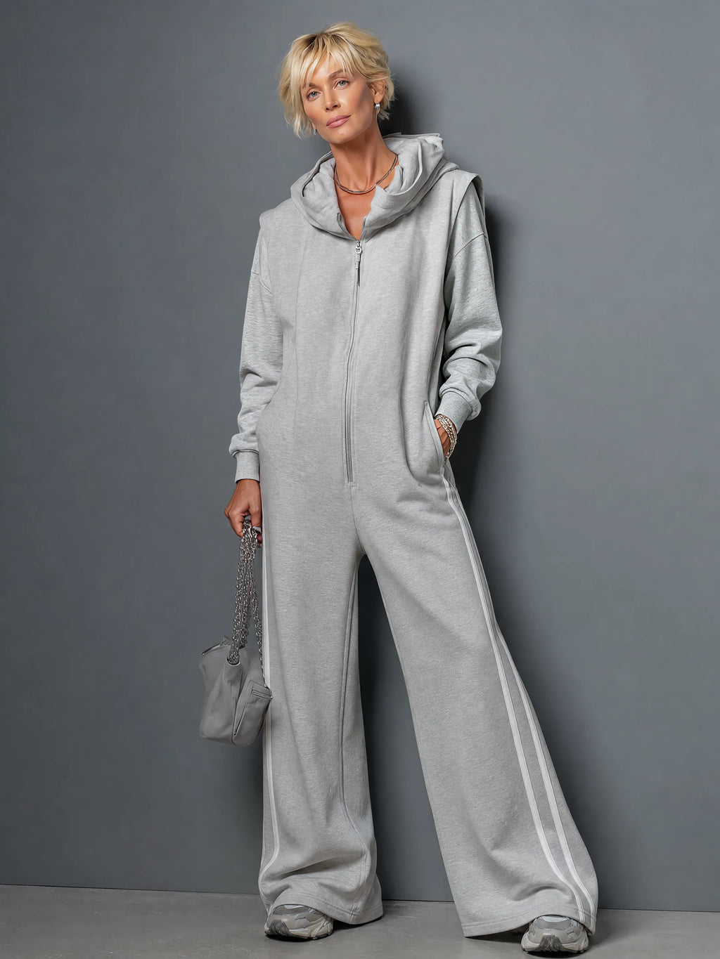 Women's Casual Stretch Knit Long-Sleeve Zip-Front Hooded Wide-Leg Jumpsuit MDZ0922G7WY