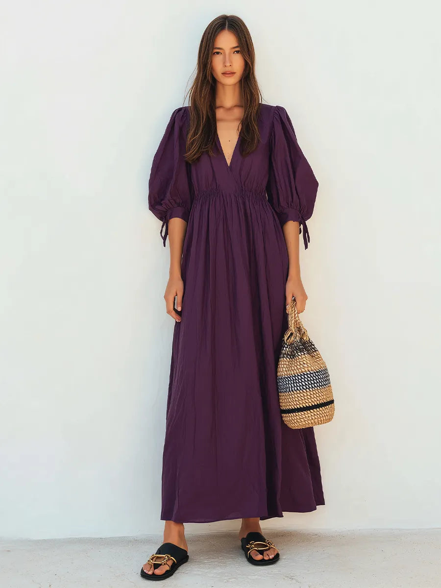 Women's Dark Purple Crinkled Woven Maxi Dress With V Neck Tie Cuff Puff Sleeves & Smocked Elastic Waist, Boho Casual Resort Flowy Maxi Dress MDZ0956G8LYL