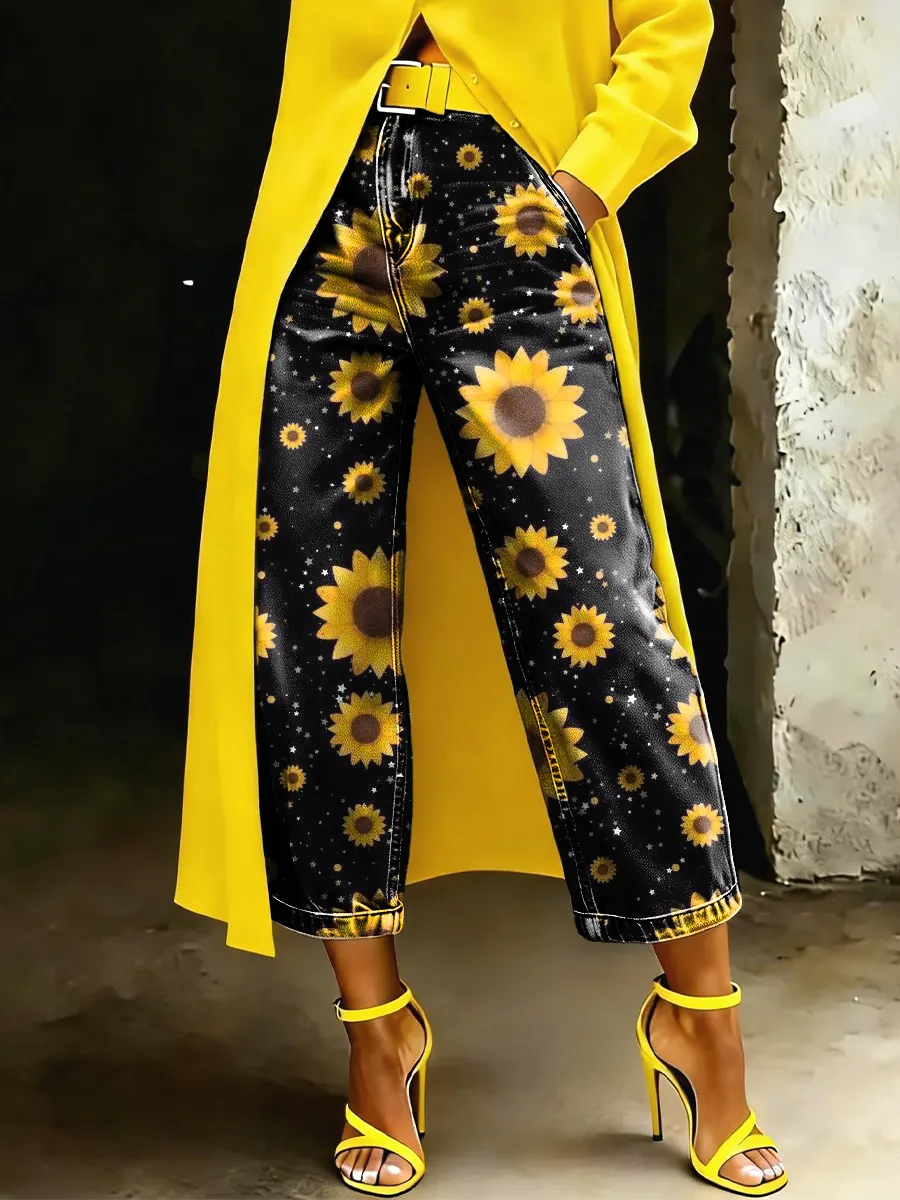 Woman's Casual Loose Multicolored Floral Print Jeans