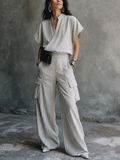 Women's Casual Vacation Gray White Cotton Blend Striped Wrap Top Cargo Pocket Wide-Leg Pants Set MDZ1618G6GMJ