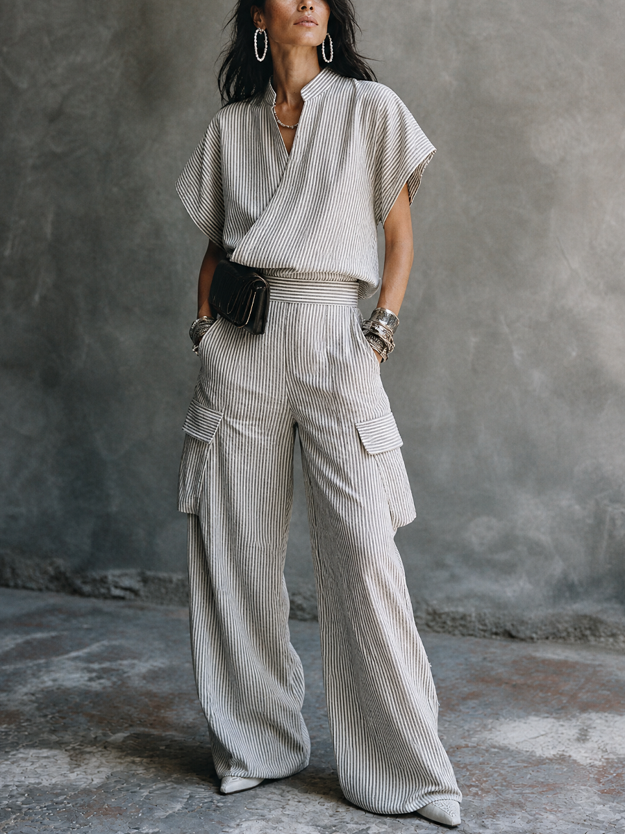 Women's Casual Vacation Gray White Cotton Blend Striped Wrap Top Cargo Pocket Wide-Leg Pants Set MDZ1618G6GMJ