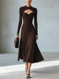 Women's Minimalist Solid Brown Midi Dress With Cut-Out Mock Neck MDZ0344G9ZRK