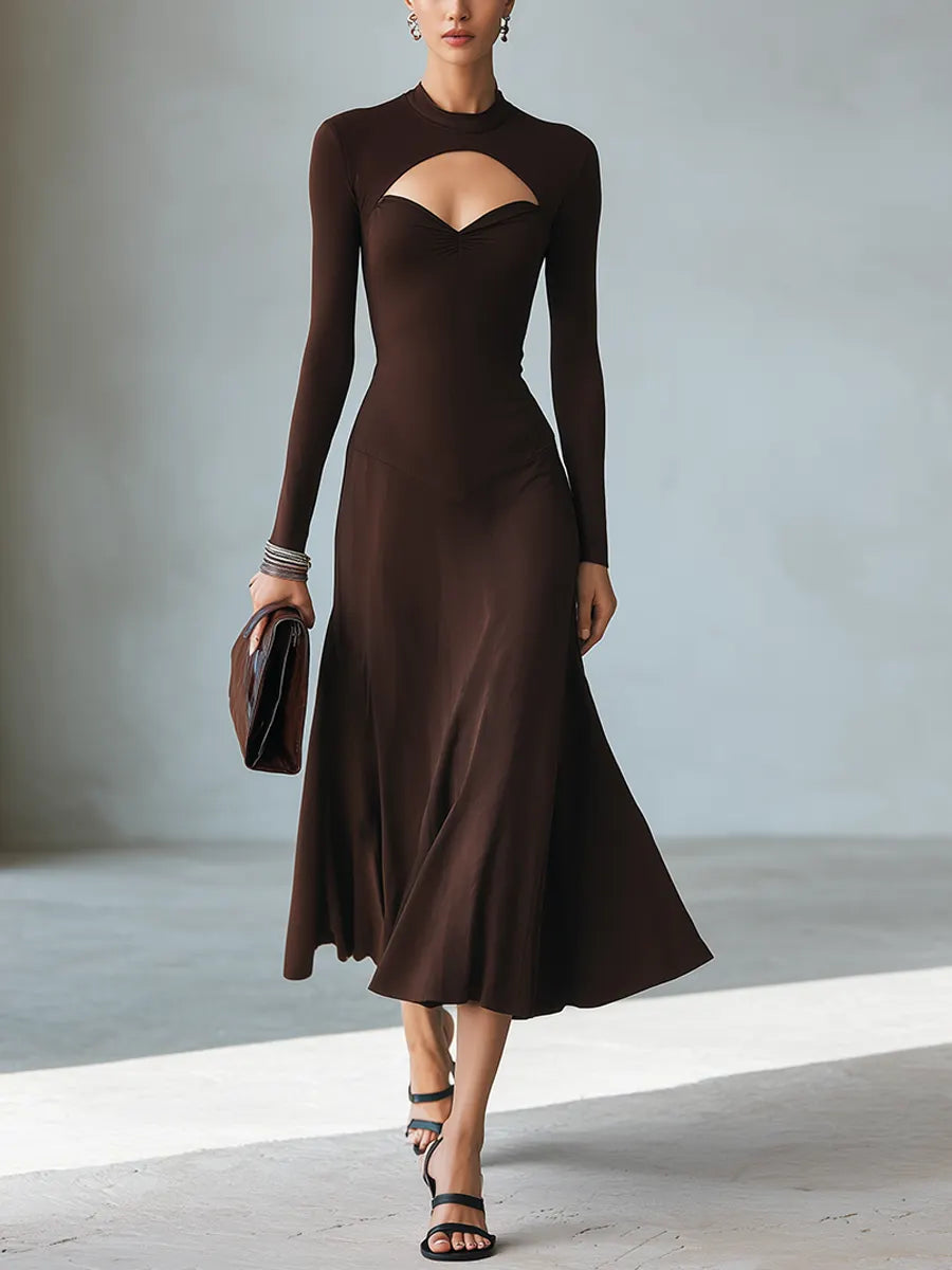 Women's Minimalist Solid Brown Midi Dress With Cut-Out Mock Neck MDZ0344G9ZRK