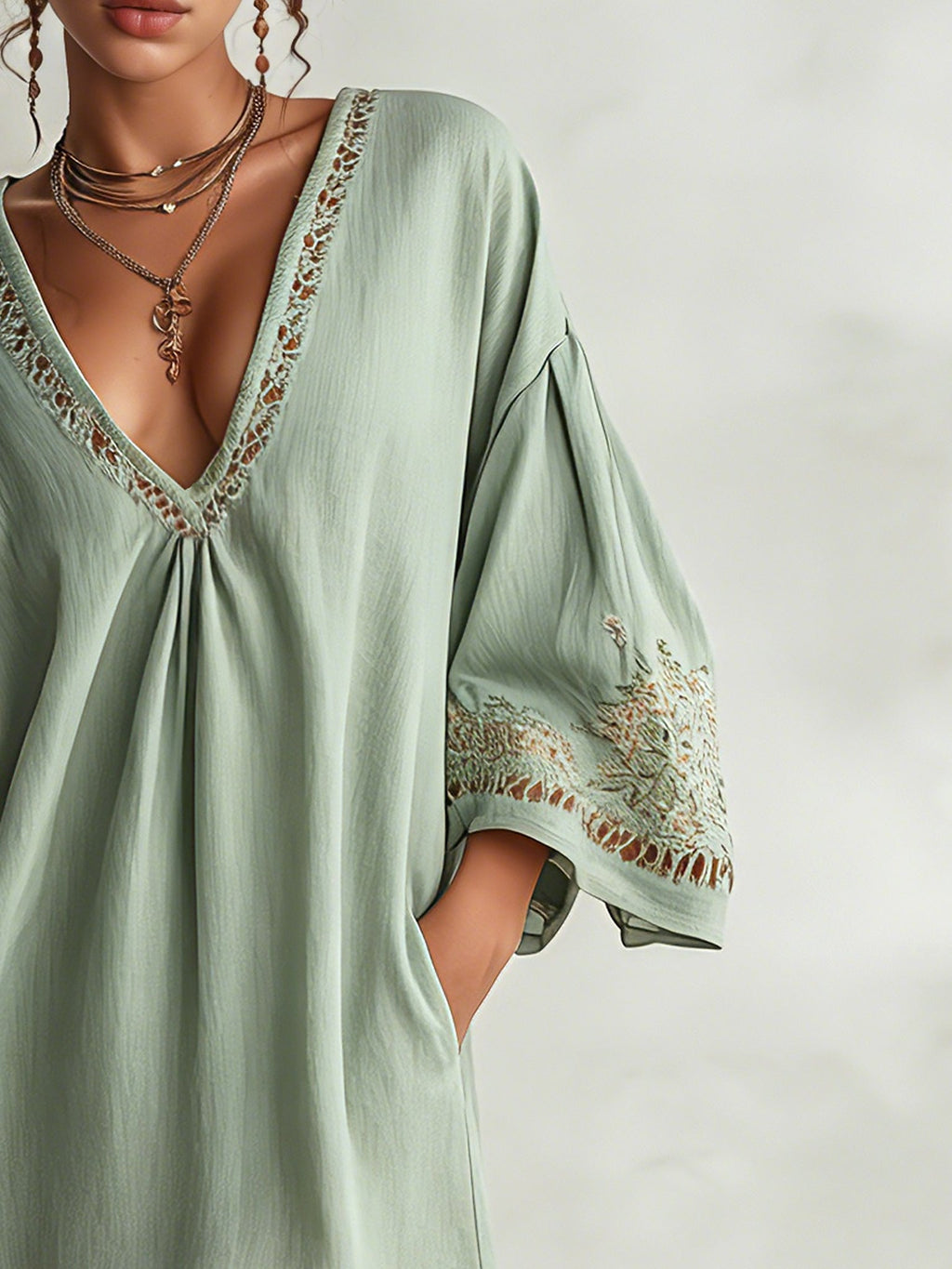 Green Cotton Linen Embroidered Mini Dress