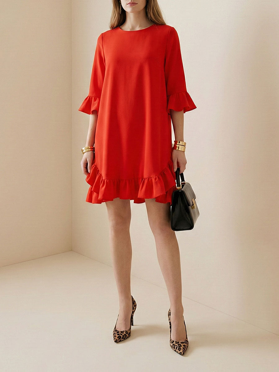 Half Sleeves Loose Falbala Solid Color Round-Neck Midi Dresses Short Dresses