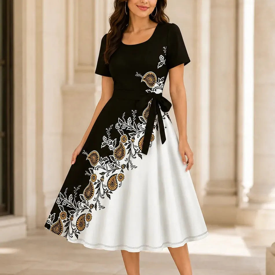 Marveline – Paisley A-Line Midi Dress with Tie Waist
