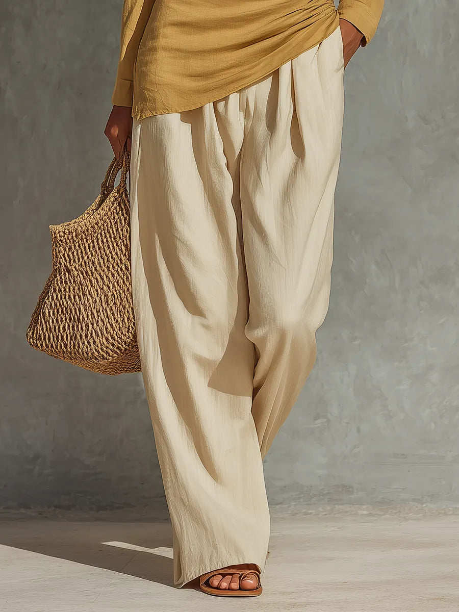 Women’s Mustard Linen Collar Half Button Side Ruched Asymmetrical Hem Long Sleeve Top & Beige High Waist Pocket Wide Leg Pants Two Piece Matching Set MDZ0746G9YZJ