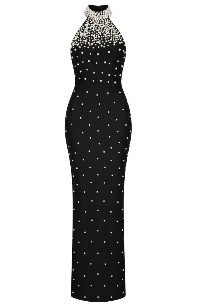 Halter Pearl Maxi Dress Black