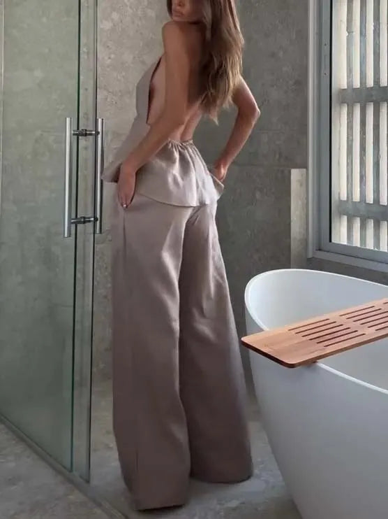 Elegant Halter Neck Lace-up Top And Wide Leg Pants Suit-Pants