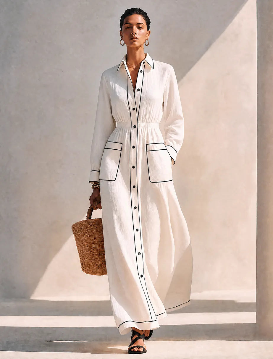Women's Minimalist Pure White Linen Shirt Dress With Contrast Piping MDZ0776G9ZRK