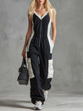 Casual Retro Sporty Black And White Color-blocked V-neck Half-zip Jumpsuit