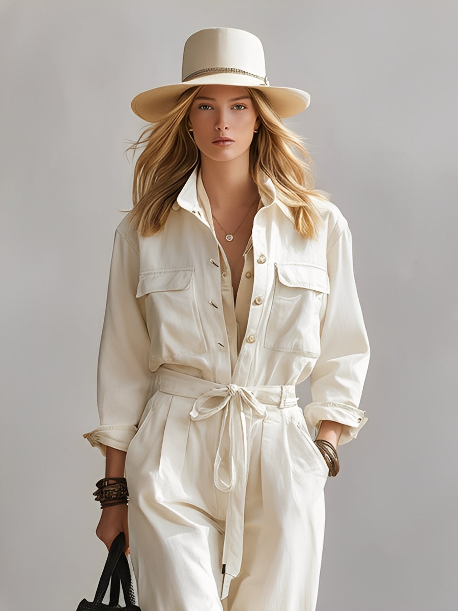 Women's Cream Cotton-Blend Jumpsuit With Cargo Pockets & Self-Tie Belt, Timeless Casual-Chic Style Jumpsuit MDA2696L5I