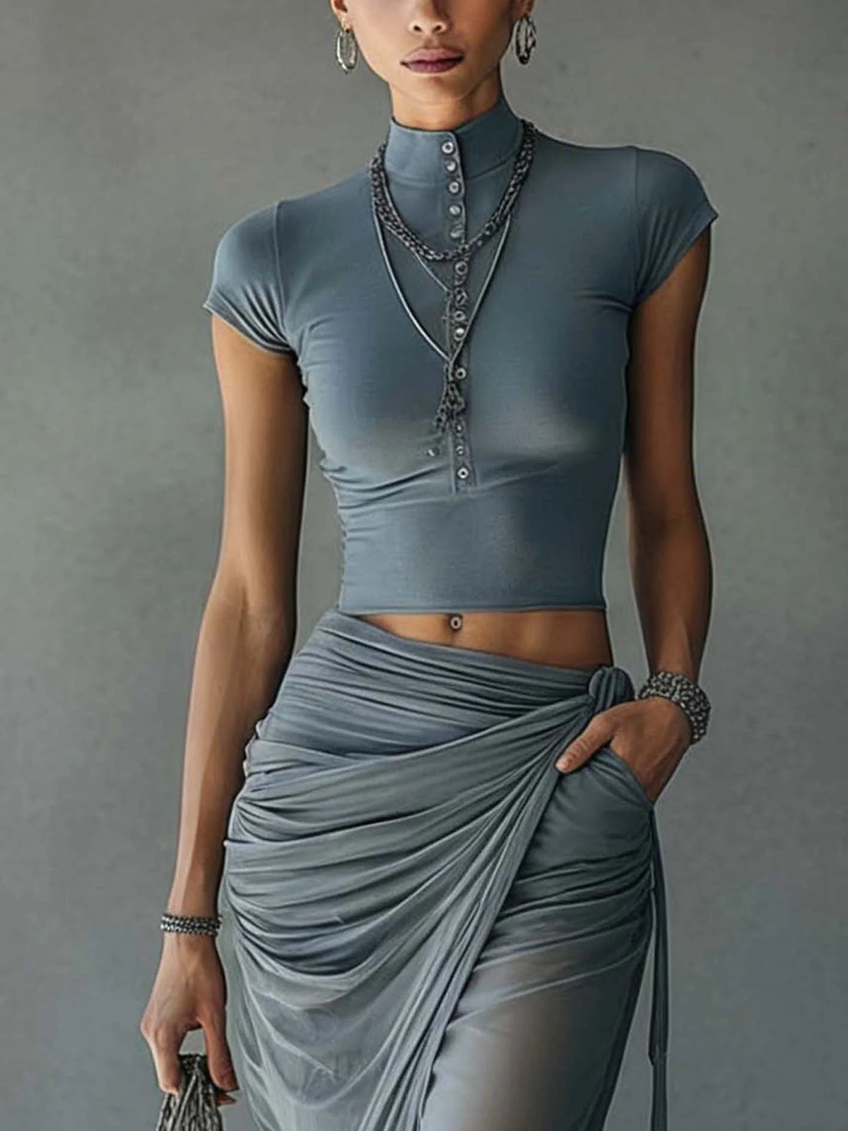 Blue Cropped T-Shirt and Sheer Mesh Draped Skirt Set