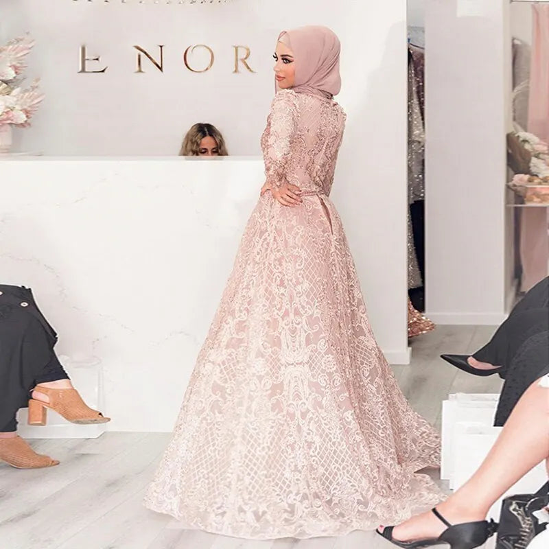 Dreamy Vow Luxury Pink Overskirt Arabic Muslim Dubai Evening Dress for Women Wedding Party Plus Size Blue Formal Gowns 062