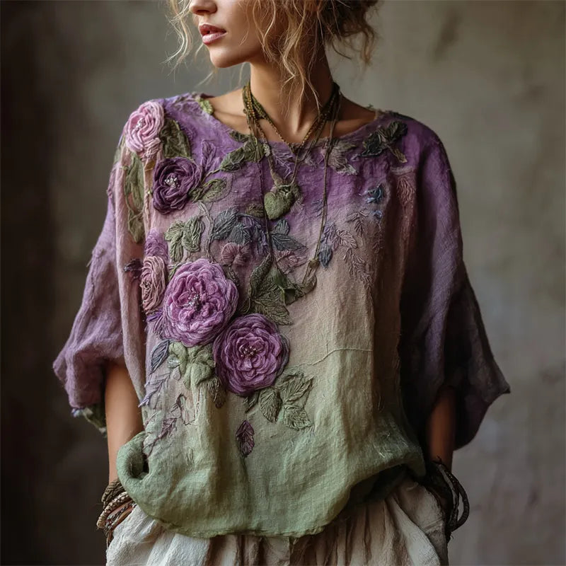 Bohemian Dragonfly Vine Pattern Vintage V-neck Short-sleeved T-shirt