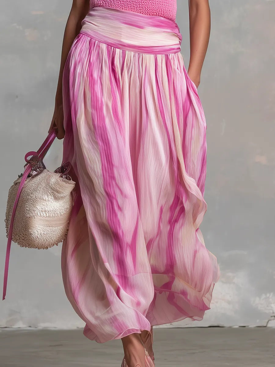 Retro-style Knitted Camisole Top And Printed Chiffon Skirt Set