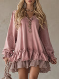 Retro Sporty Style Checkered Trim Powder Pink Sweatshirt Mini Dress