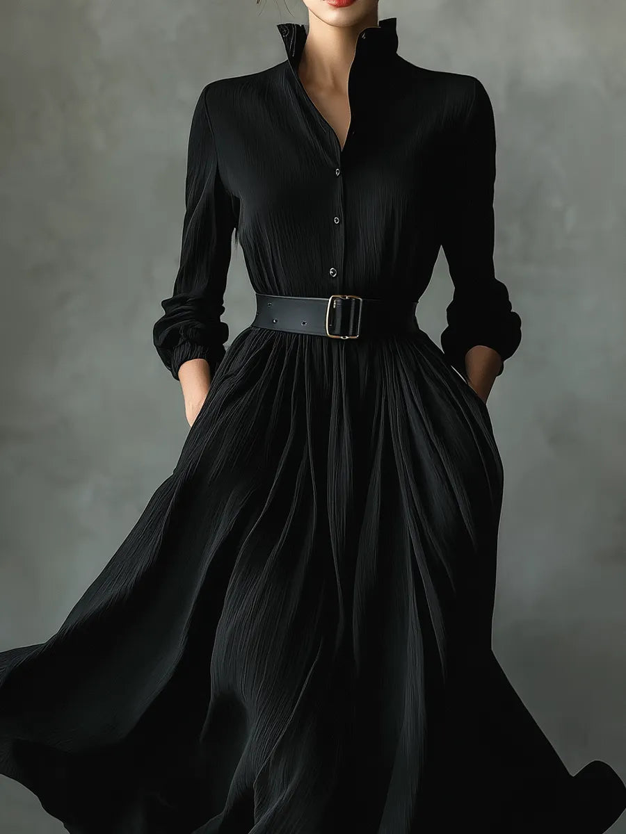 Women's Black Blend Textured Pleated Vintage Maxi Dress MDA0859H8T