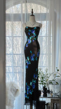 Black Romantic Elegant Delicate Blue Floral Beaded Long Chiffon Ball Gown Evening Gown Birthday Vacation Wedding Guest Party Dress Prom Gown 4010
