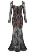 Long Sleeve Crystal Lace Maxi Dress Black