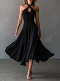 Black Halter Cross Tie-back A-Line Midi Dress