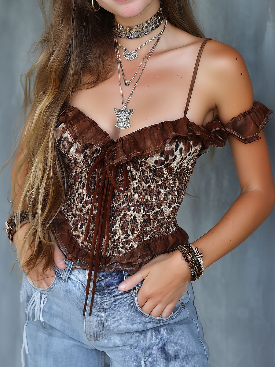 Boho Leopard Print  Ruffle Trim Corset Blouse