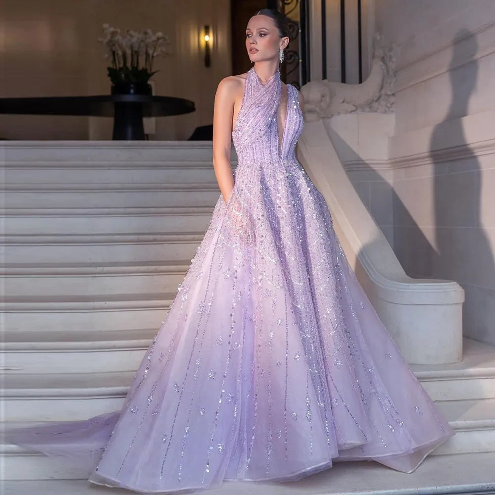 DreamyVow  Luxury Beaded Dubai Lilac Evening Dresses for Women Wedding Party 2023 Elegant Long Arabic Prom Formal Gowns 329