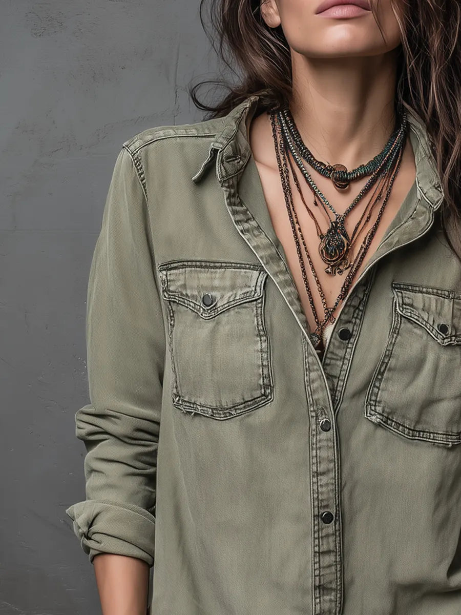 Vintage Pockets Long Sleeve Washed Blouse