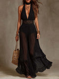 Vintage Bohemian Black Glitter Pleated Mesh Lace Waist Halter Wide Leg Jumpsuit