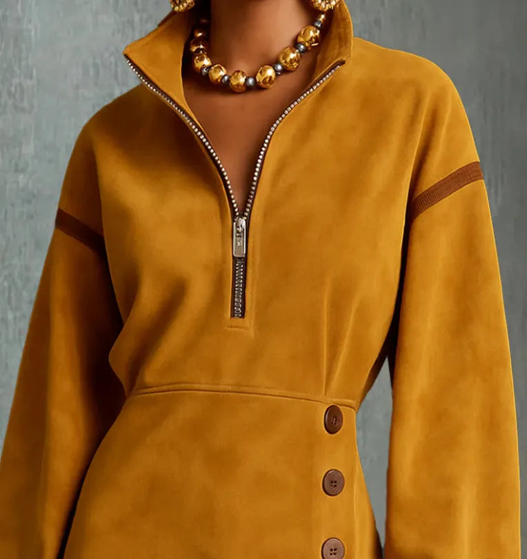 Yellow Turtleneck Button-down Mini Dress