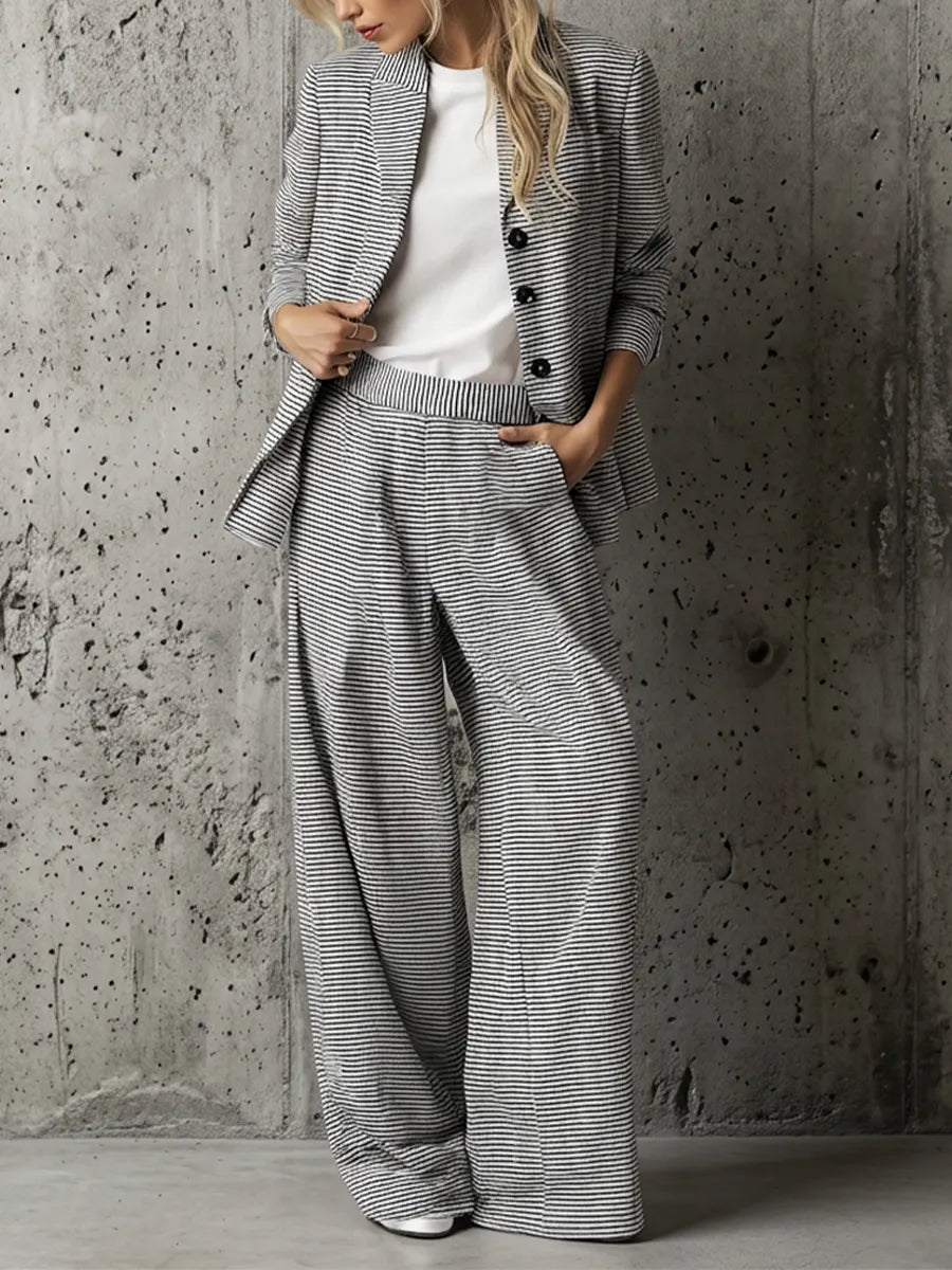 Women's Black White Striped Cotton Two-Piece Suit With Lapel Collar Button Blazer & Elastic Waist Wide Leg Pants, Minimalist Casual Vacation Matching Outfit MDZ1463G2LYL