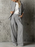 Women's Black White Striped Cotton Two-Piece Suit With Lapel Collar Button Blazer & Elastic Waist Wide Leg Pants, Minimalist Casual Vacation Matching Outfit MDZ1463G2LYL