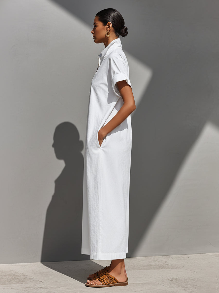 Women's White 100% Cotton Maxi Shirt Dress With Half-Zip Collar & Rolled Sleeves, Timeless Casual Everyday Dress MDZ0779E4LYL