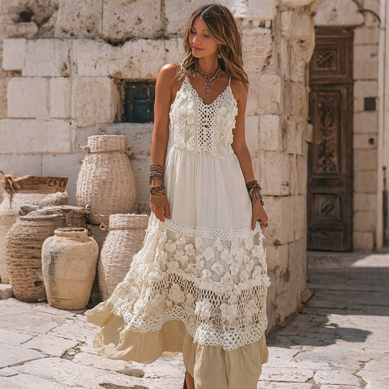 Women's Vintage Floral Embroidered Art Suspender Midi Dress